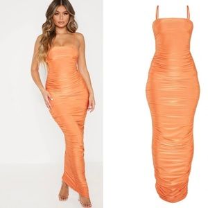 Pretty Little Thing Orange Ruche Maxi Dress